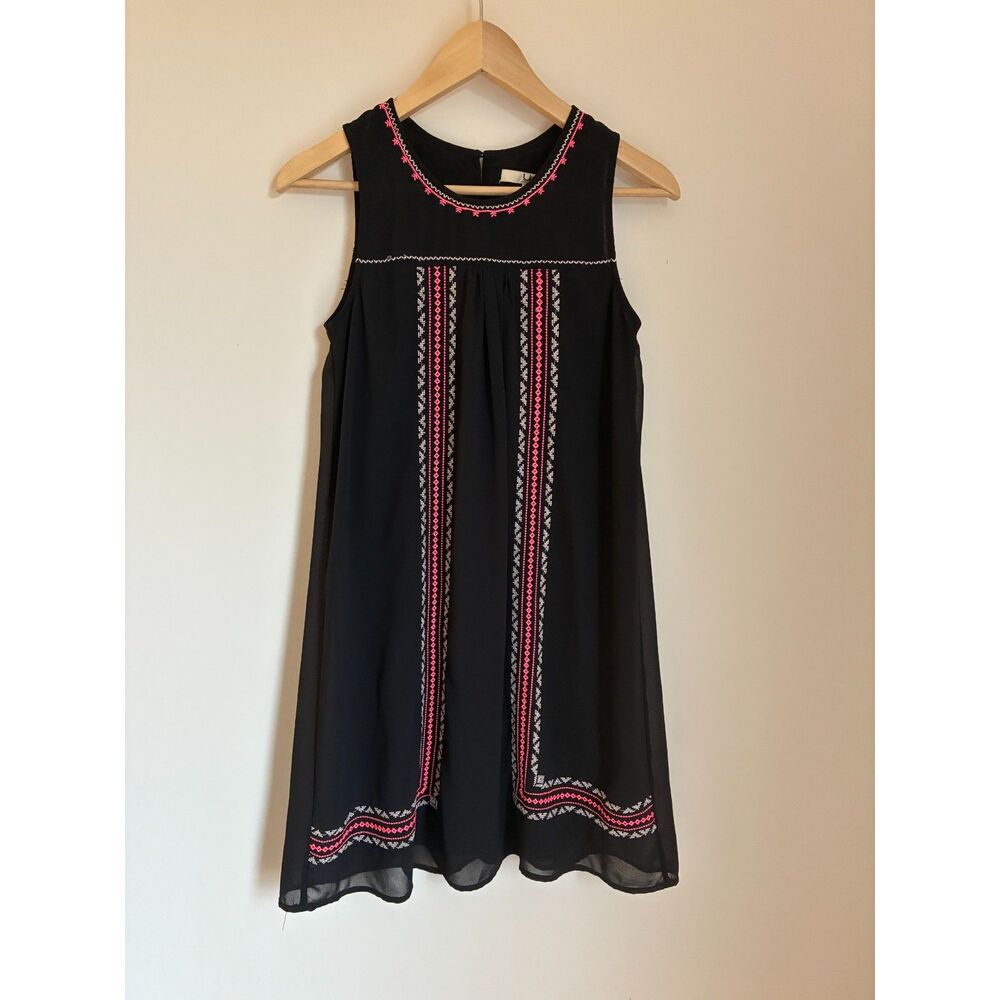 Ya Los Angeles Silk Black Embroidered Boho Shift Dress Size Small
